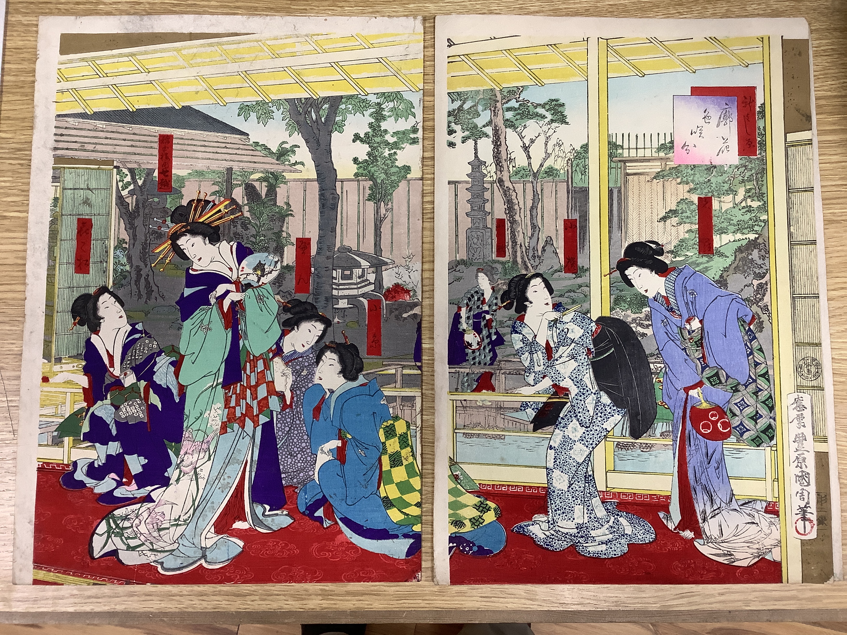 Eleven Japanese woodblock prints including one after Utagawa Kuniyoshi and one after Yanagawa Shigenobu, unframed, 37 x 25cm
